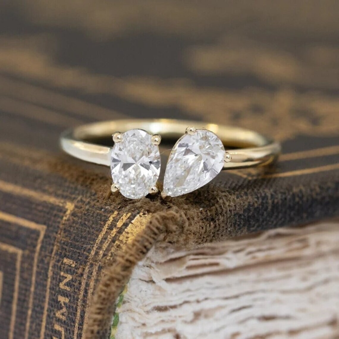 2.20 Ct Pear & Oval Cut Diamond Lab-Created Engagement Ring 14K Yellow Gold FN