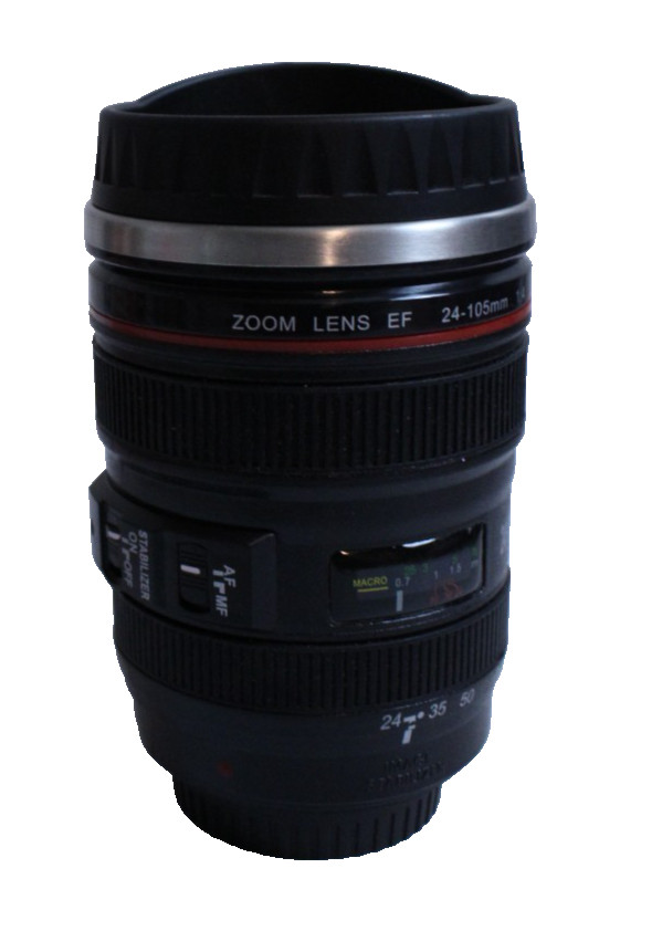 Camera lens coffee cup stainless steel inside 12 ounces hot or cold