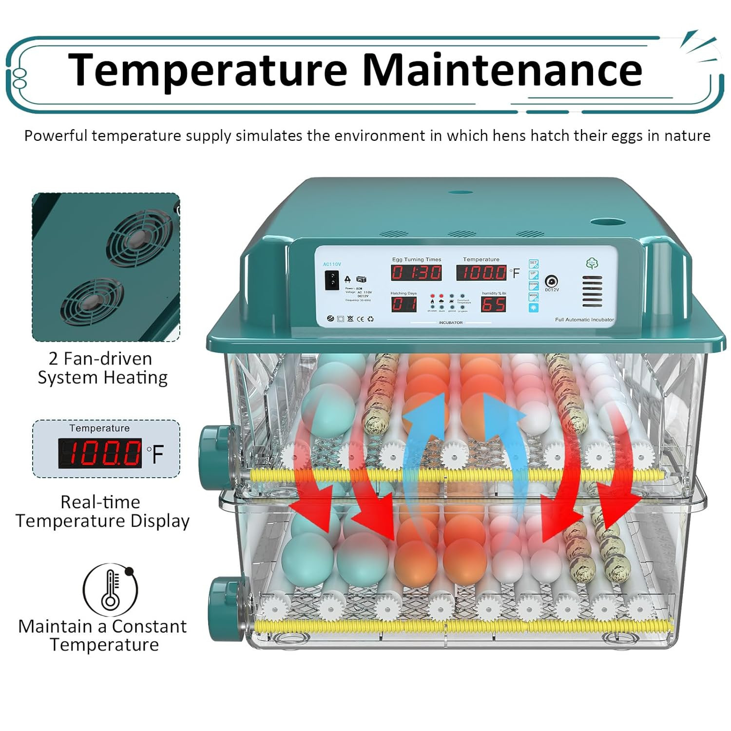 Incubators for Hatching Eggs 120, Chicken Egg Incubator w/ Automatic Egg Turning