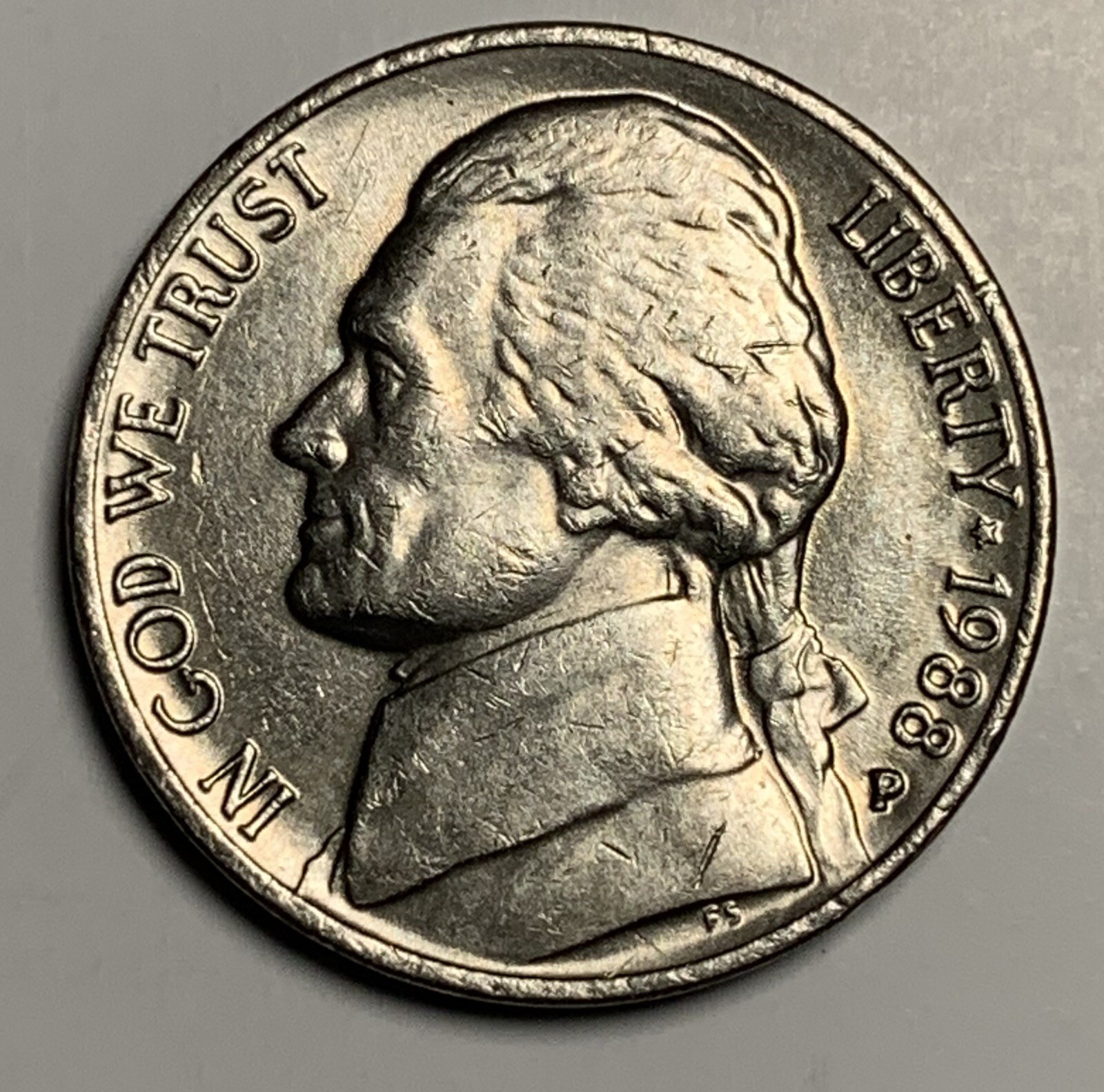 1988 P Jefferson Nickel With Die Break On Reverse