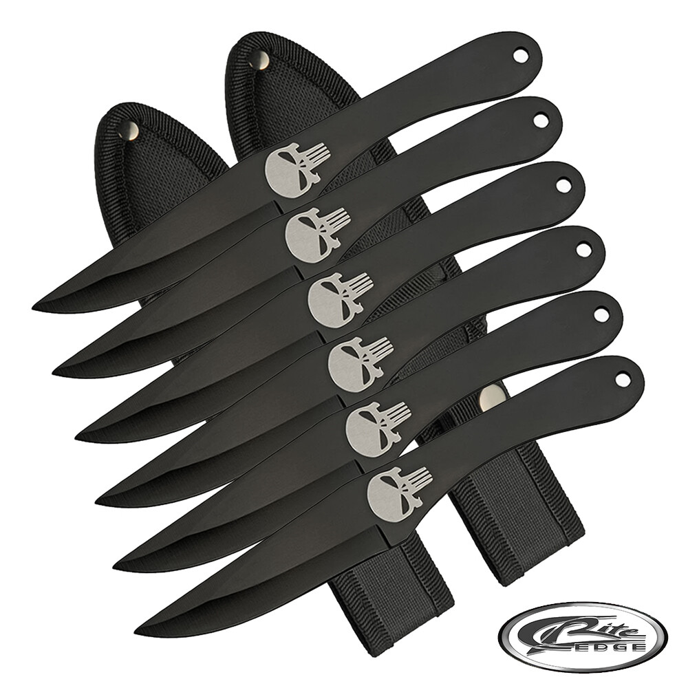 6pc PUNISHER Death's Head Skull THROWING KNIFE SET 8 1/2" Knives - RITE EDGE