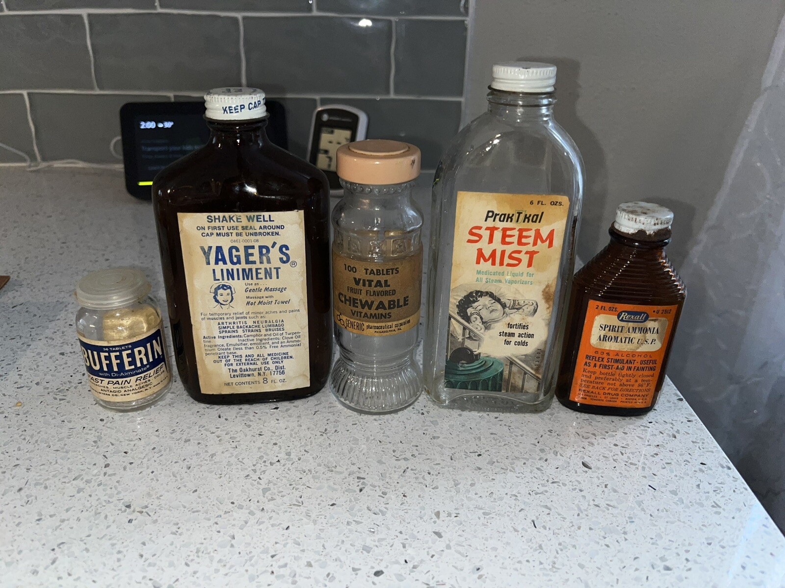 Vtg Prak T Kal Steel Mist Glass Bottle Rexall Ammonia Yager S Liniment Bufferin