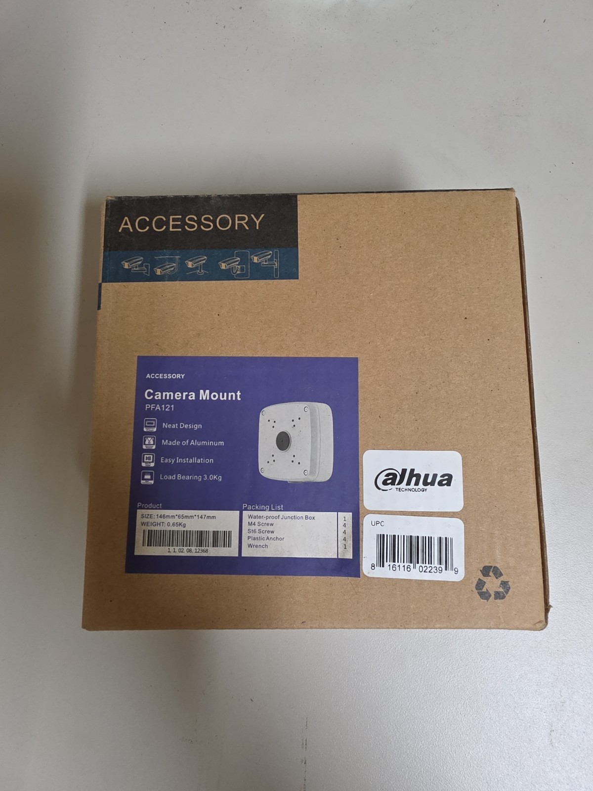DAHUA PFA121 Aluminum Camera Mount. White. New