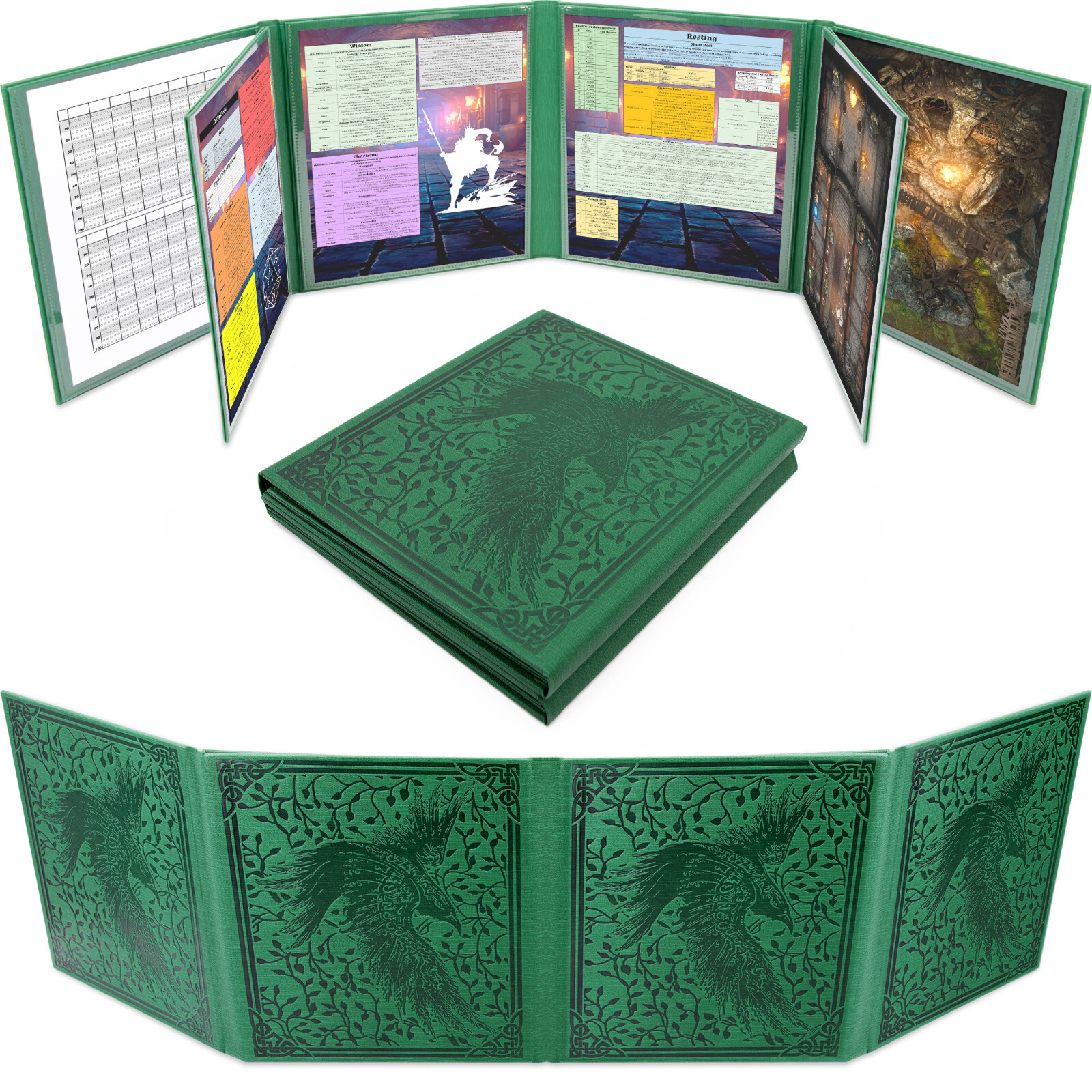 CASEMATIX 8 Panel DM Screen Faux Leather GM Screen w/ Wet Erase Pockets, Green