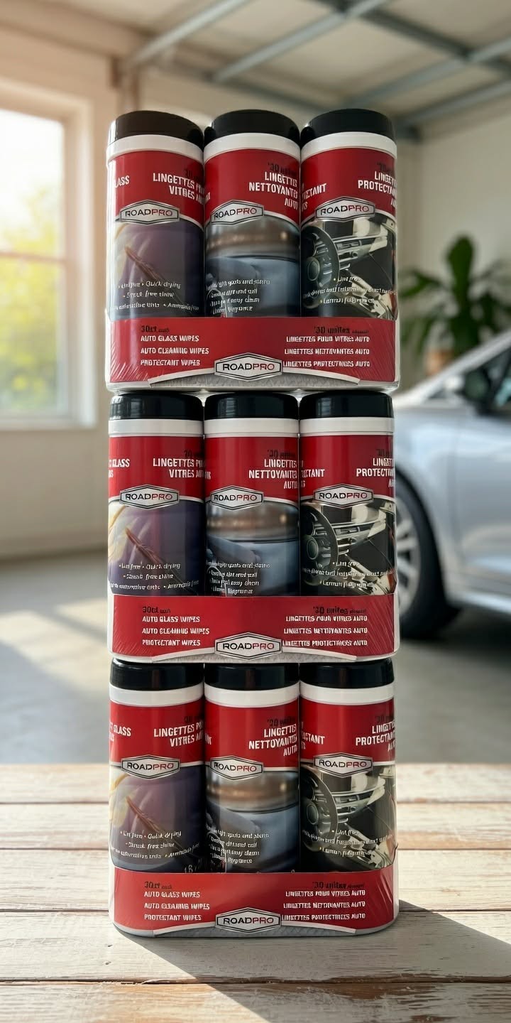 RoadPro Auto Care Wipes Full Case pack - Glass + Interior + Protectant (9 Cans)
