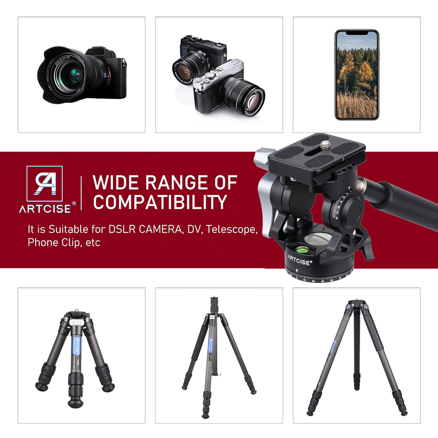Fluid Video Head Compact Tripod Head Pan Tilt Head W/ Acra Quick Release Plate