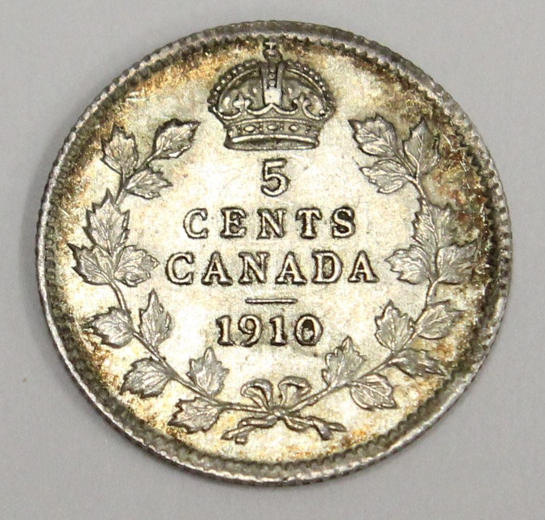 1910 Canada 5 cents silver coin HL C/B Holly Leaves Cross Bow AU58