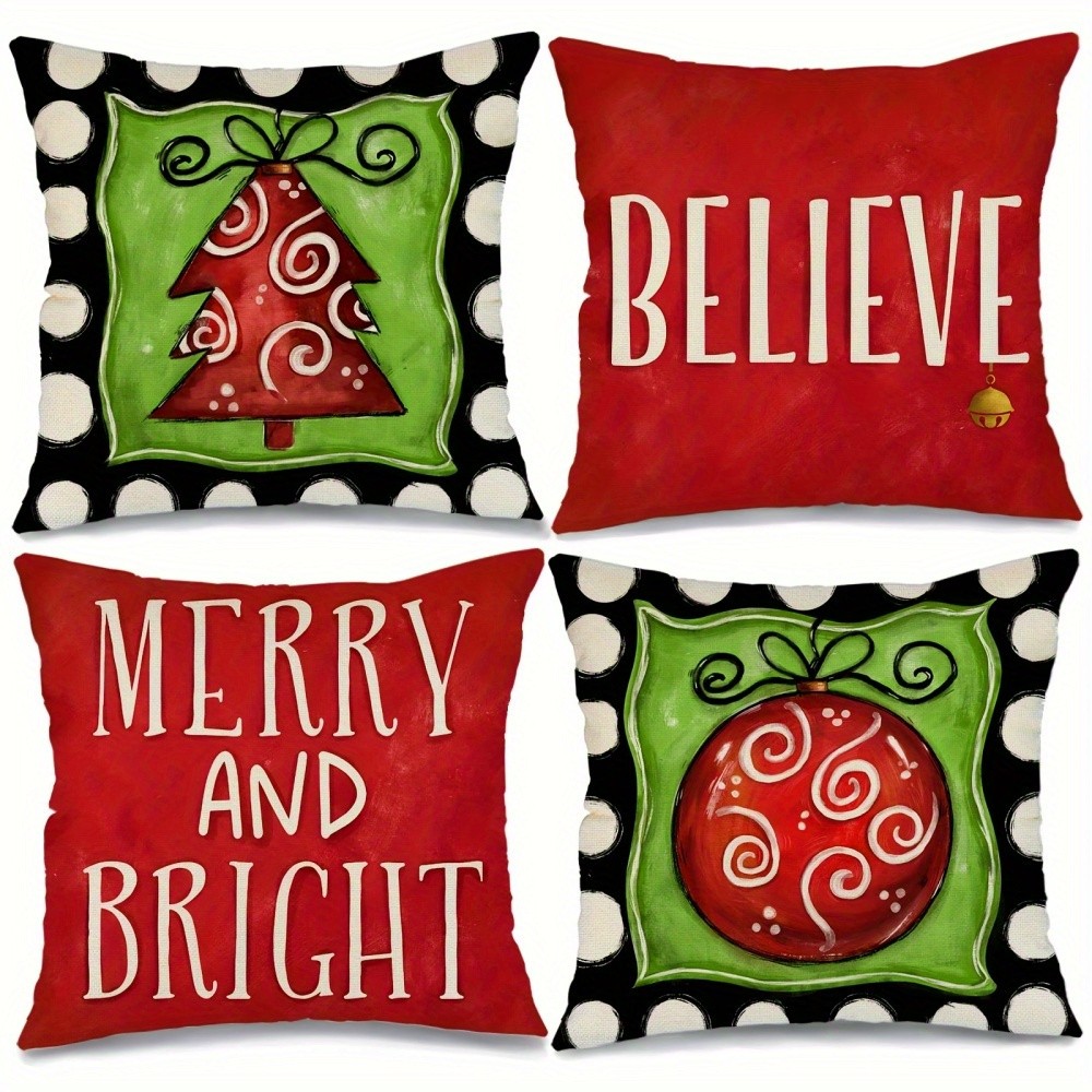 Believe Merry And Bright Square Cushion Cover 4 Piece Holiday Farmhouse Bundle