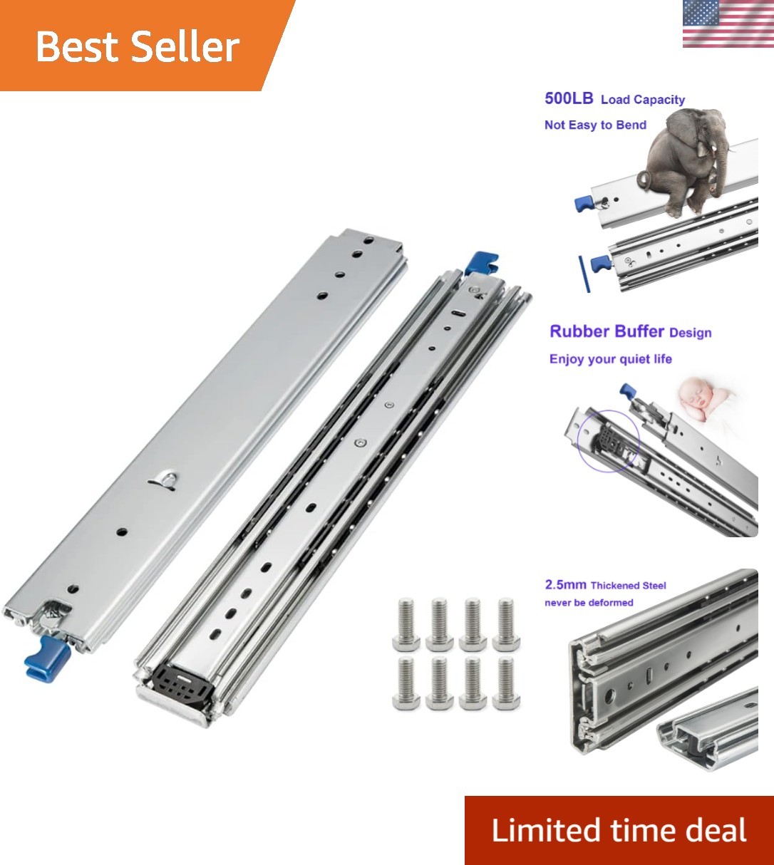 Full Extension 22 Inch Drawer Slides – Heavy Duty with Quiet Ball Bearing Design