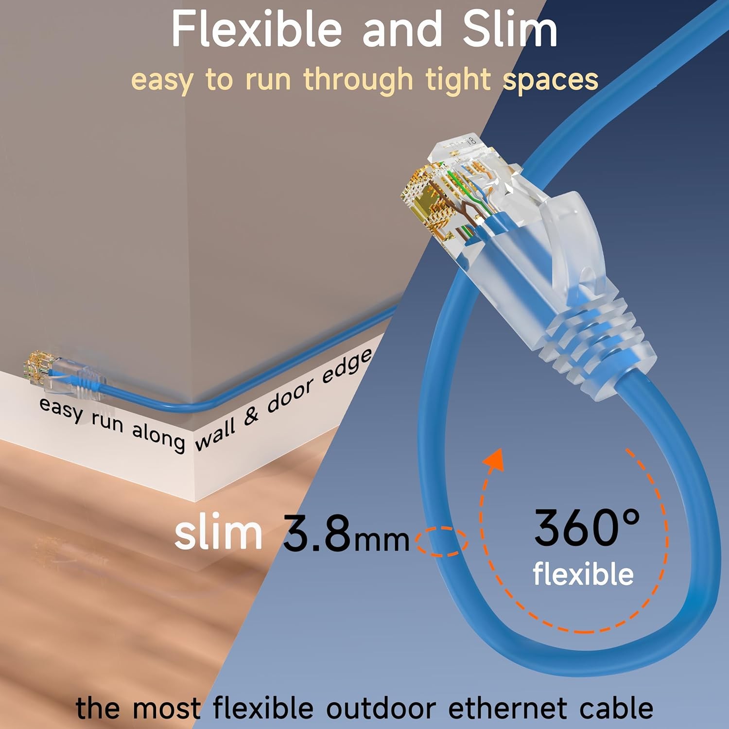 Cat6a Slim Ethernet Patch Cable 100ft Outdoor & Indoor, Flexible 100ft, Blue