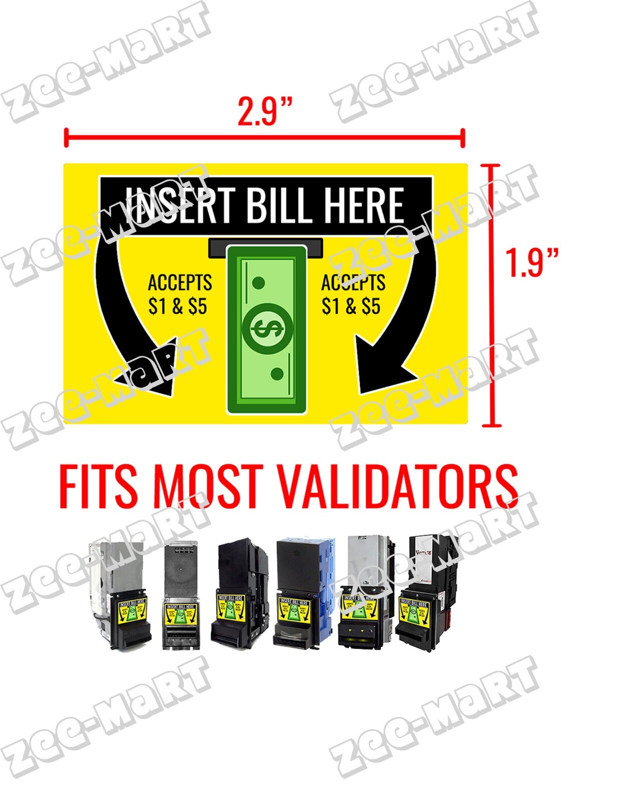 Dollar Bill Validator Bezel Sticker - $1.50 = 1 play - $5 = 5 plays