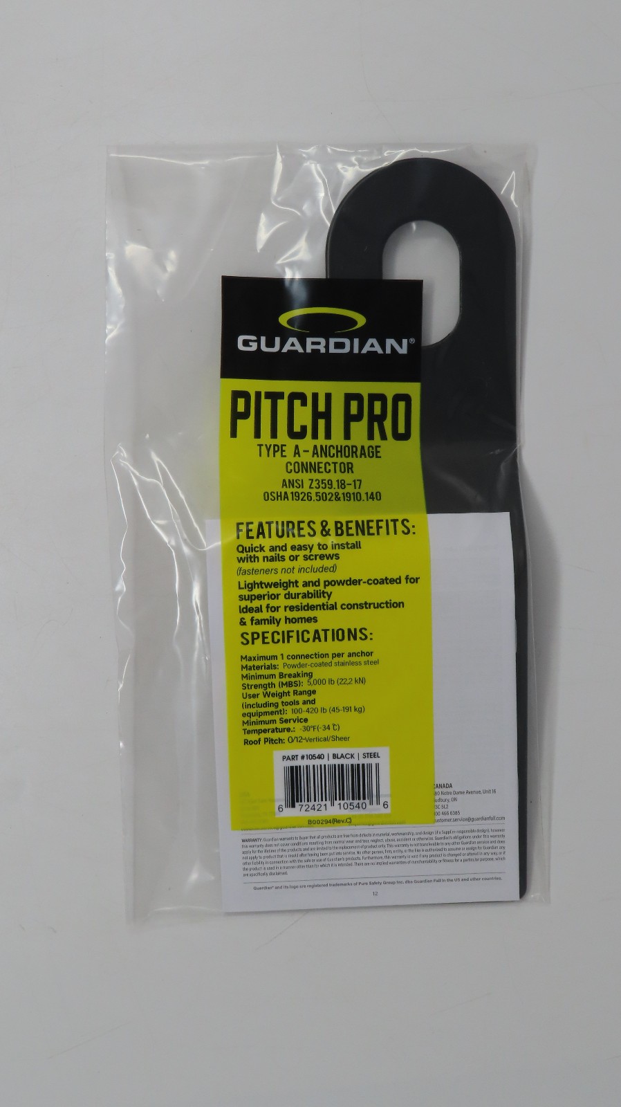 Guardian Fall Protection Pitch Pro Anchorage Connector Steel Black 10540
