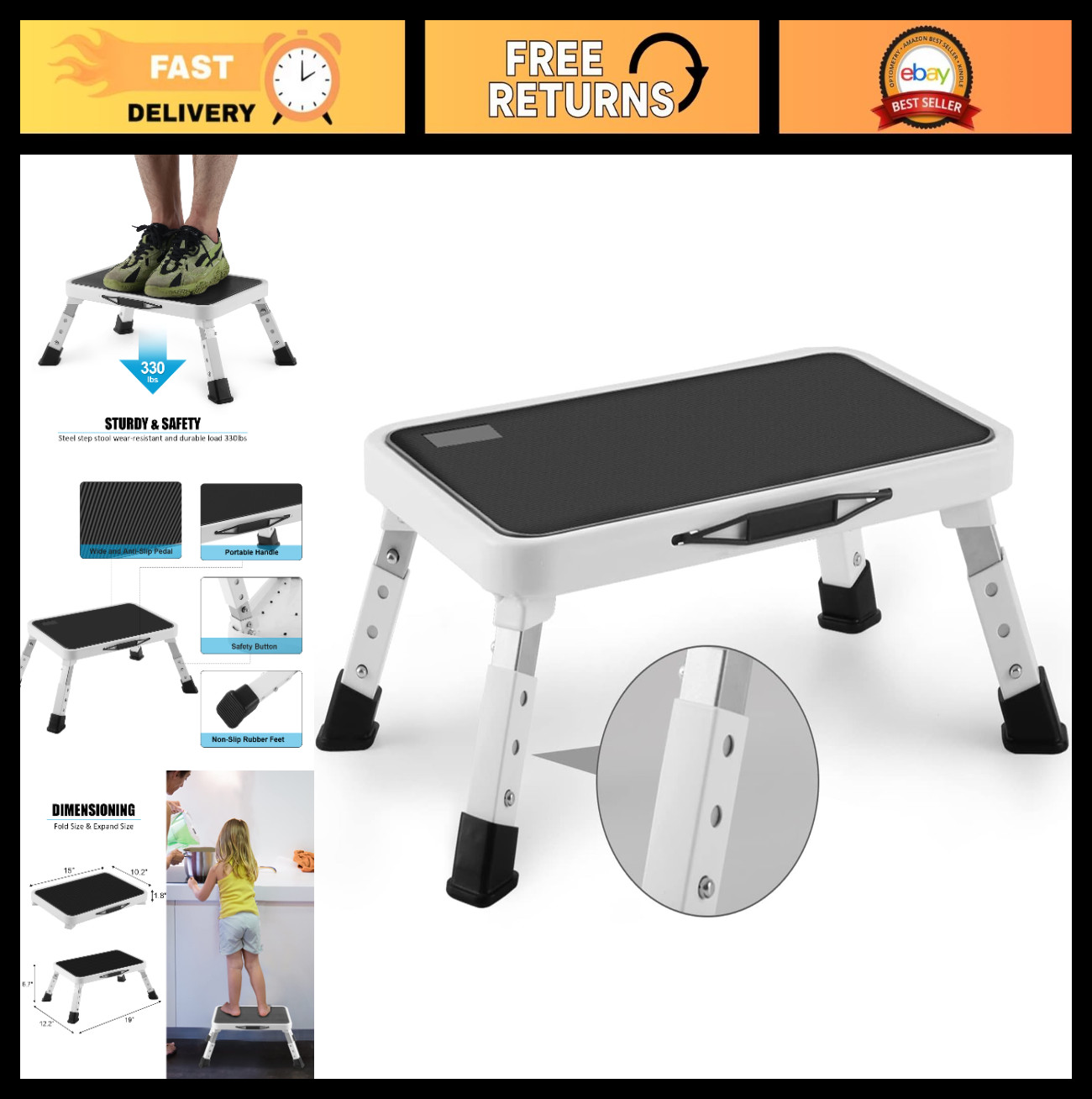 Height-Adjustable Folding Step Stool, Non-Slip Platform, 330 Lbs Capacity, Home