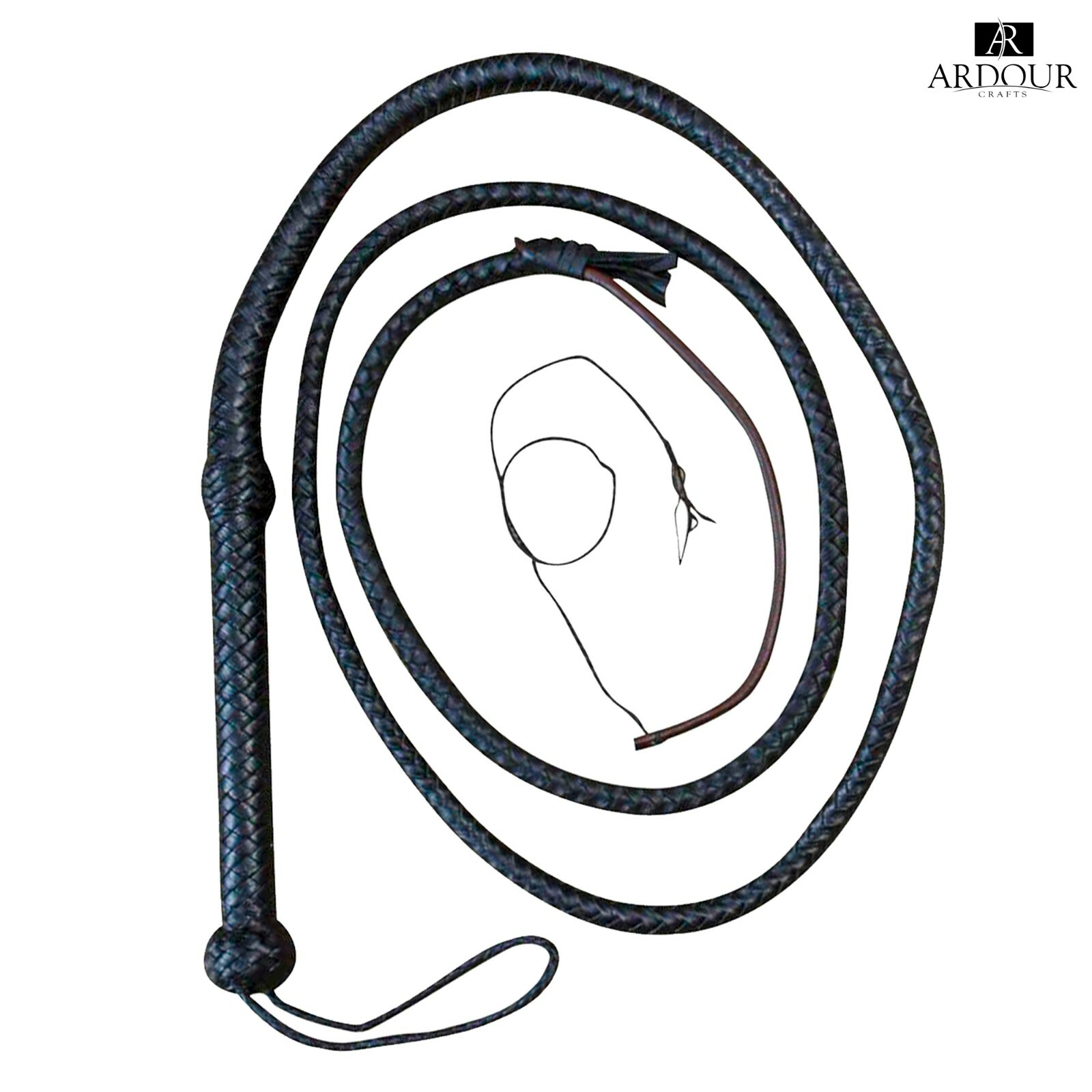8ft Long Bullwhip Rope Core  Black Cowhide Leather Equestrian Whips for Adults