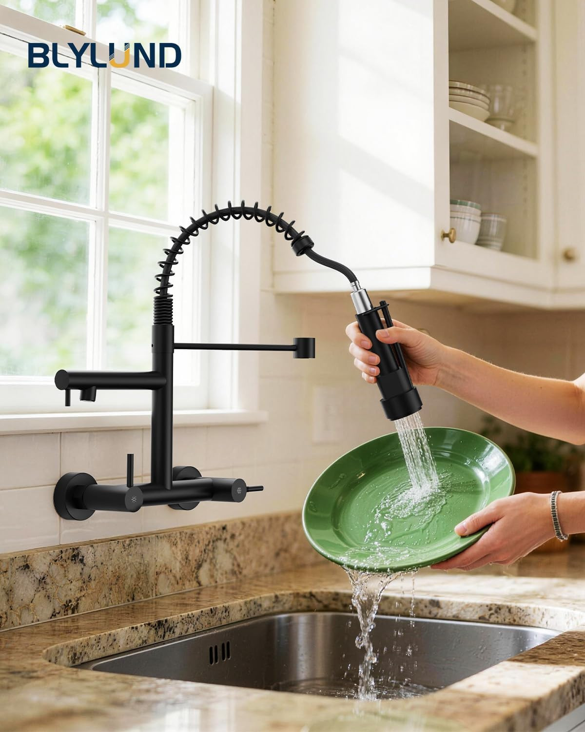 Matte Black Wall Mount Kitchen Faucet with Pull Down Sprayer and 2 Handles