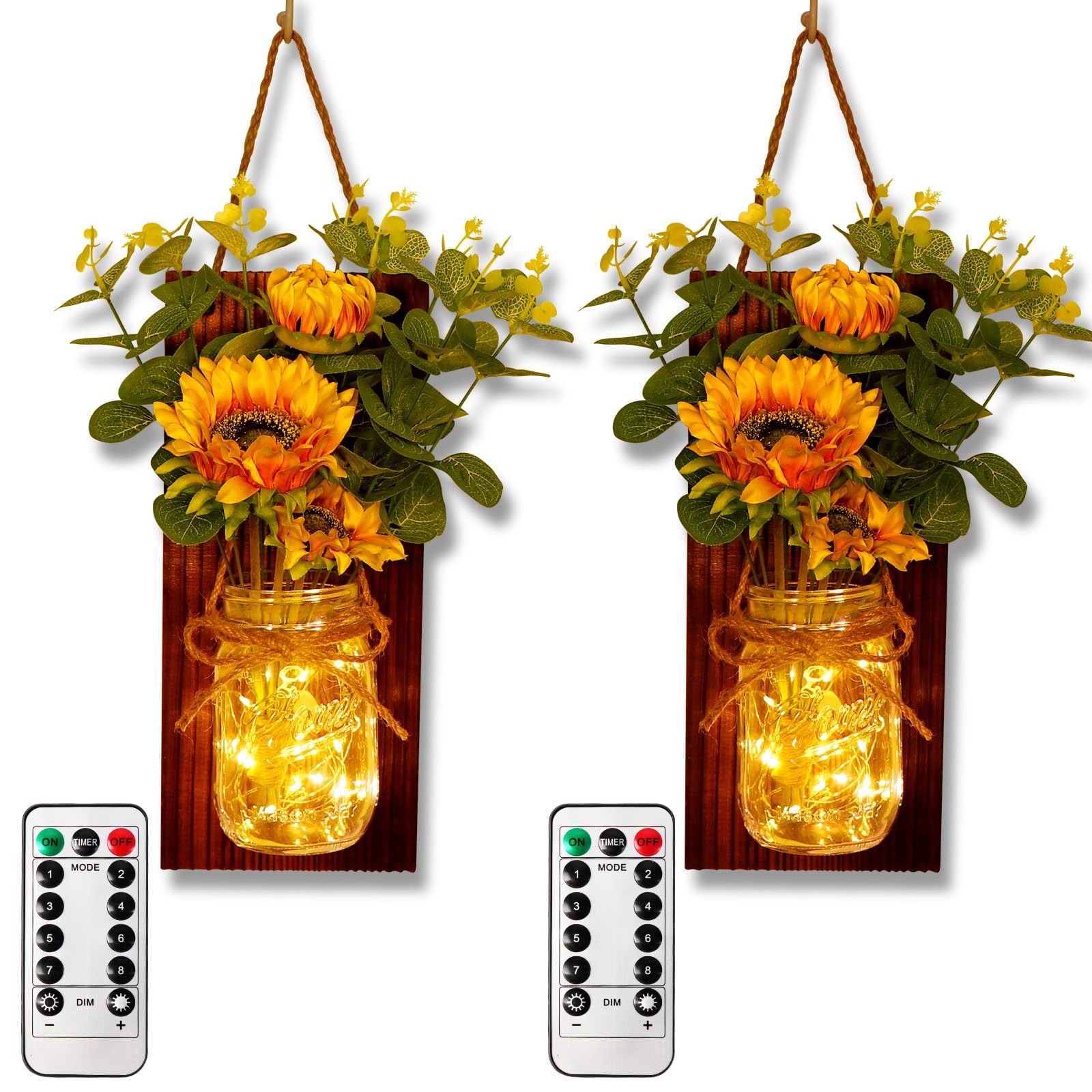 Sunflower Wall Sconces Set of Two, Mason Jar Sconces Farmhouse Wall Decor Com...