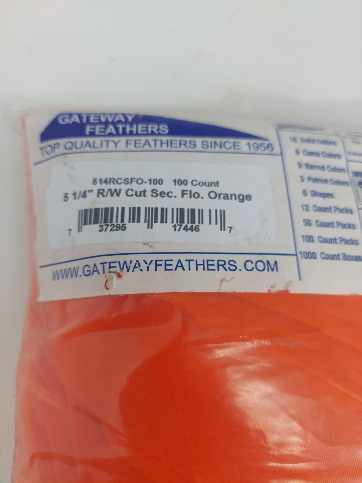 100 Pack Gateway Feathers 5" Right Wing Cut Section Fluorescent Orange 514RCSFO