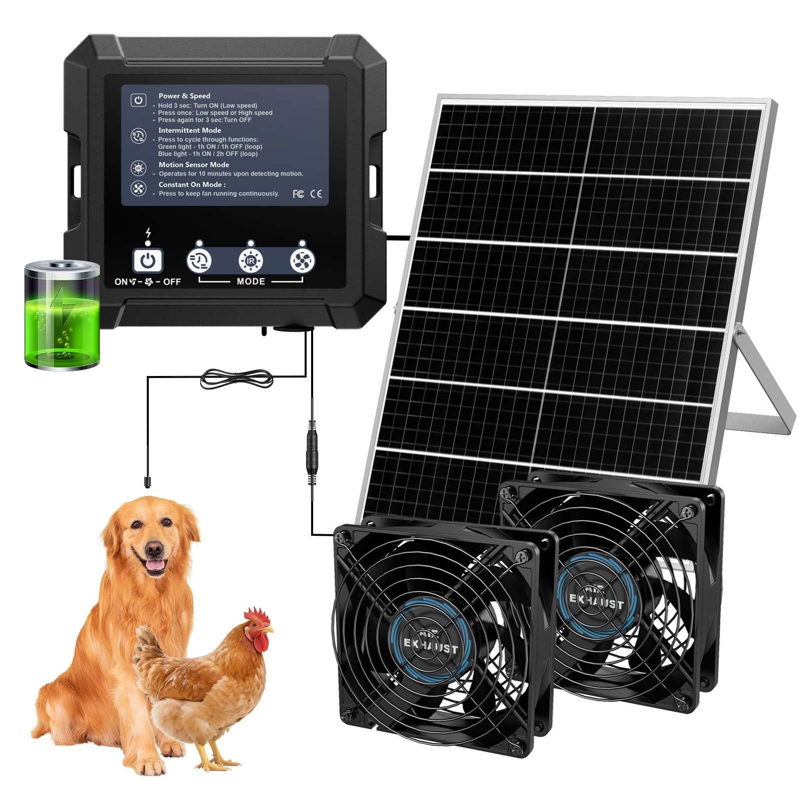 25W Solar Powered Fan with 2500mAh Battery for Chicken Coop & Greenhouse