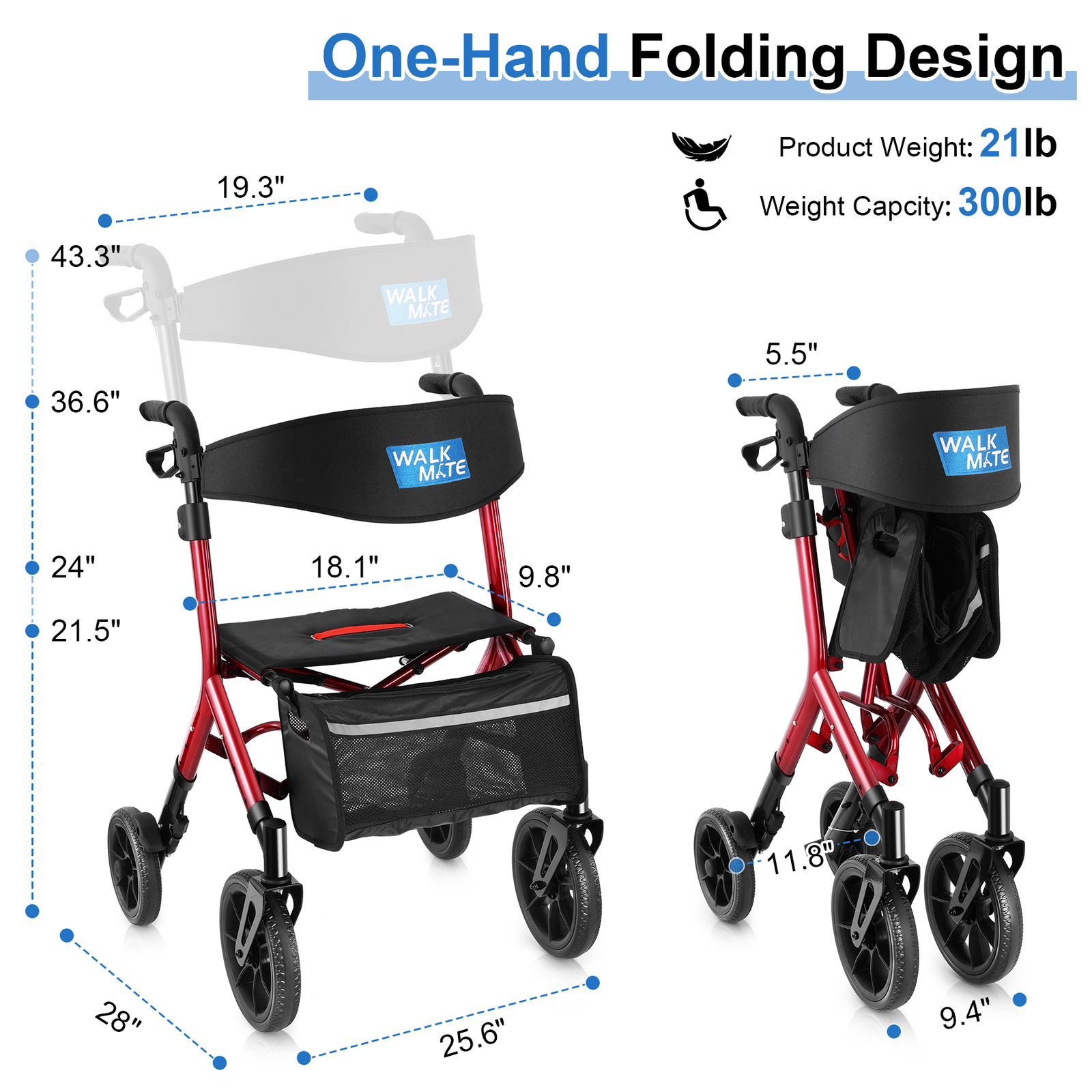 Heavy Duty Folding Rolling Wide Seat Rollator Walker With 10” front wheels 300lb