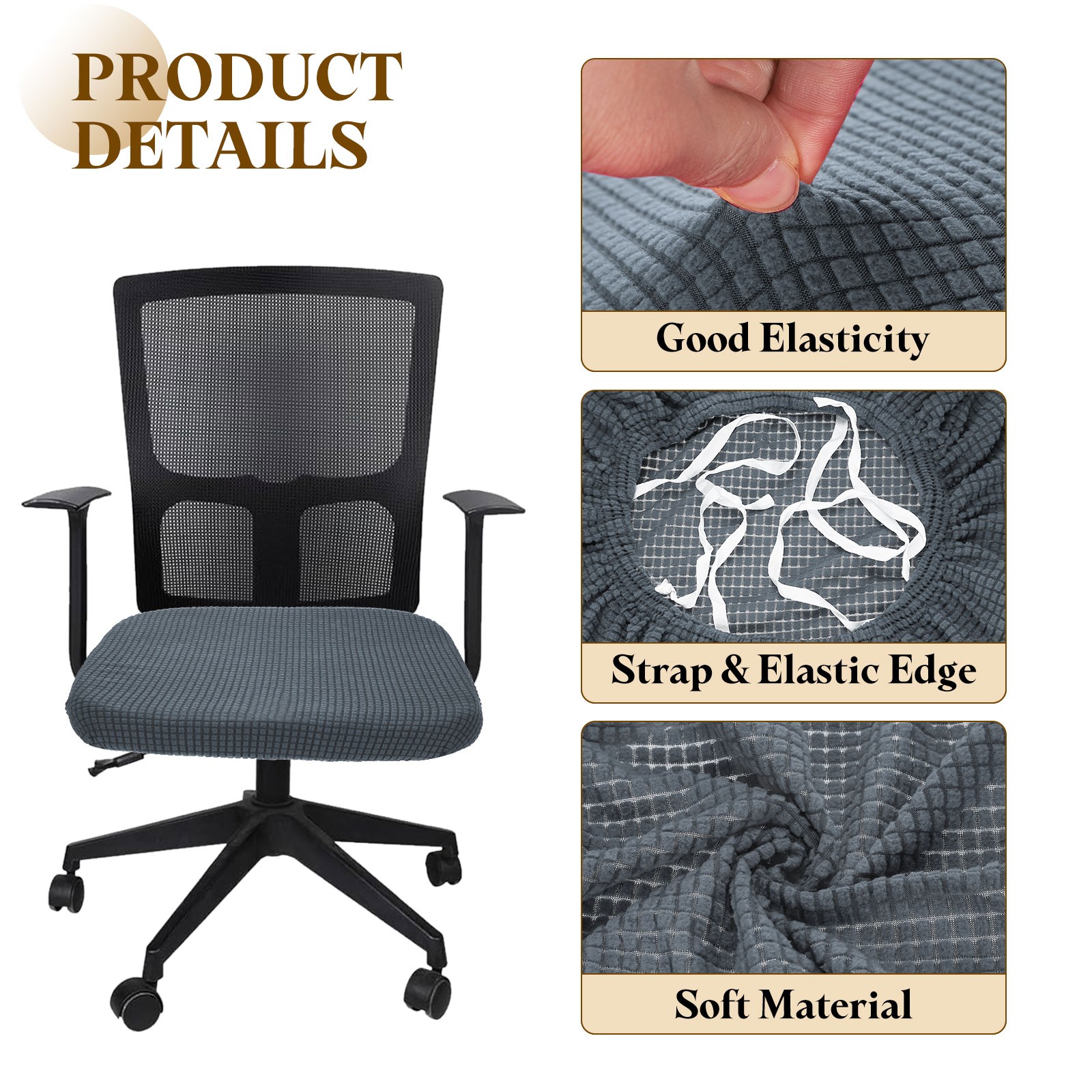 Office Chair Cover, Grid Computer Chair Seat Cover, L(45-48cm), Dark Gray