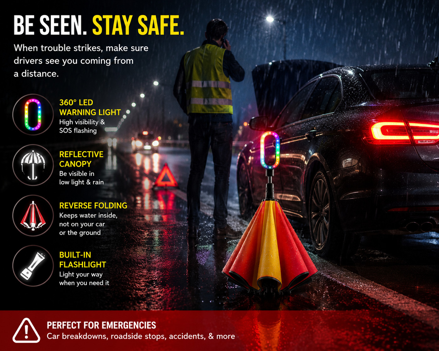 Multibreller Emergency LED Safety Umbrella Reverse Folding Reflective Flashlight
