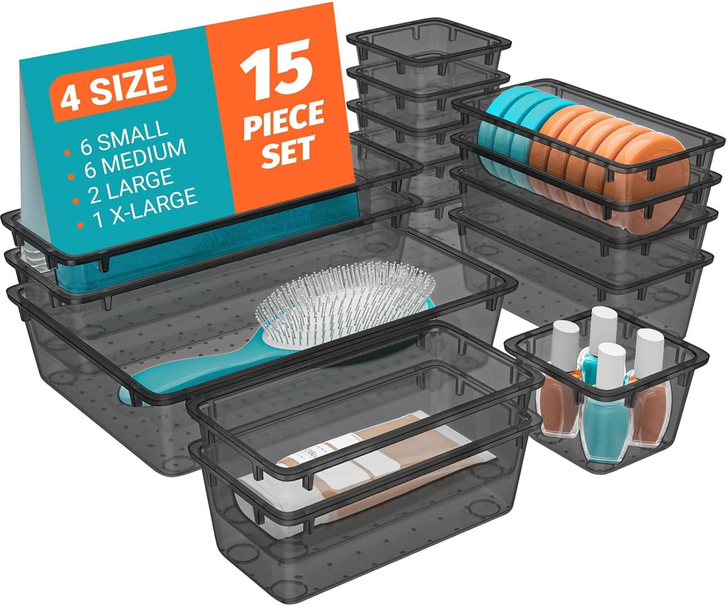 15 PCS Plastic Drawer Organizer Set, Drawer Storage Trays | 4-Size Acrylic Drawe