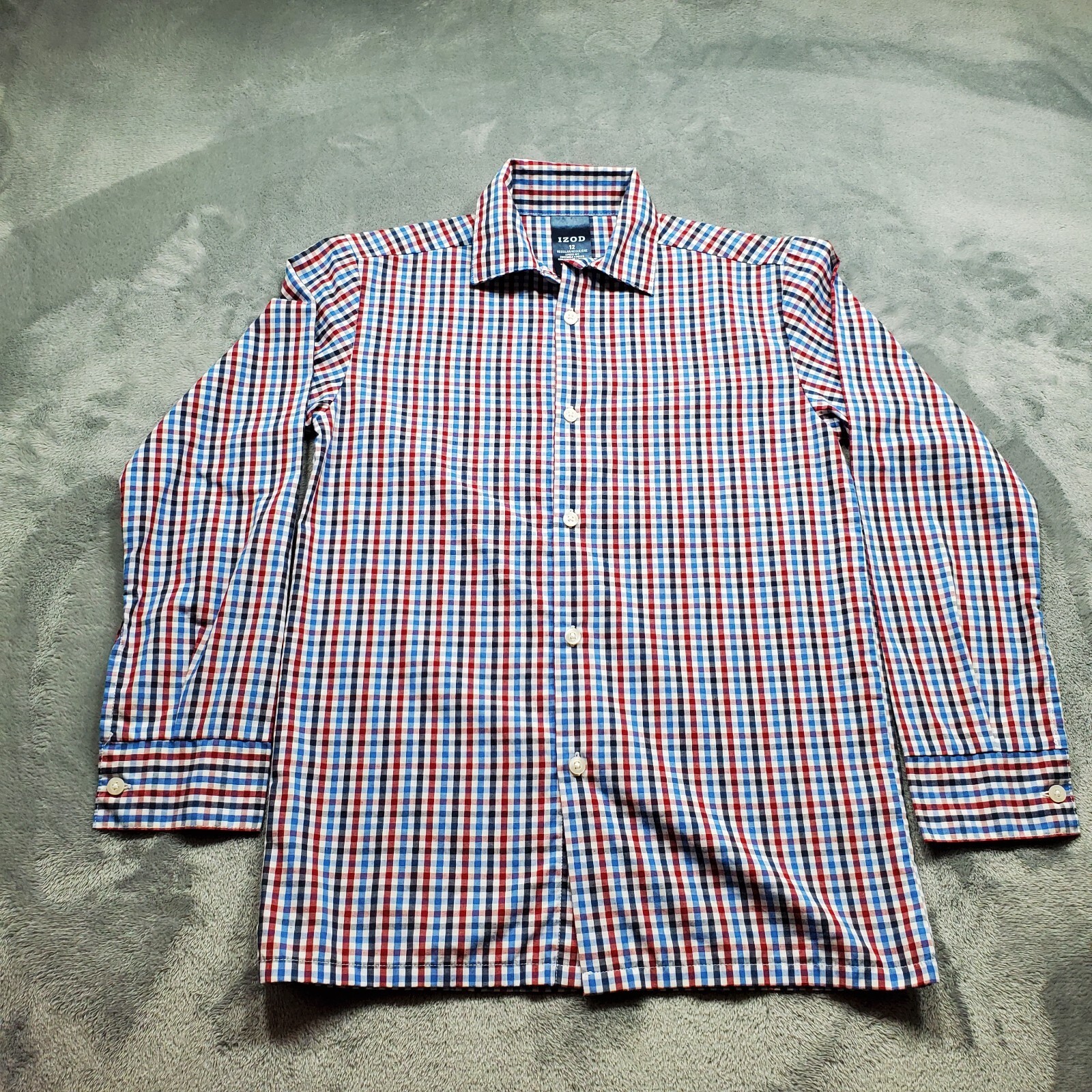 Izod Button Up Long Sleeve Dress Plaid Shirt Patriot Red White Blue Yth Sz 12