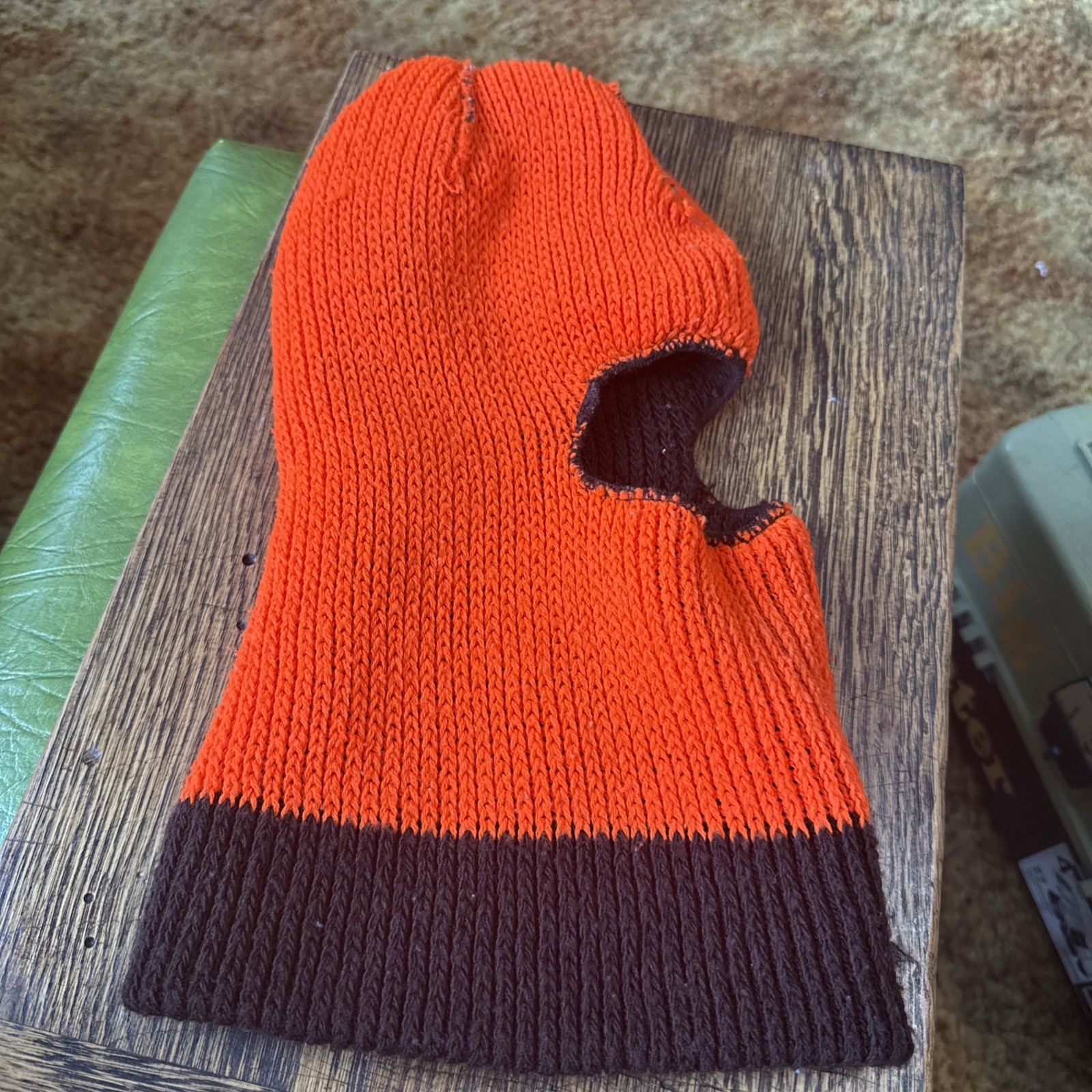 Vtg Camo Orange Hunting Face Mask Balaclava Knit Hat Winter Beanie Cap USA Warm