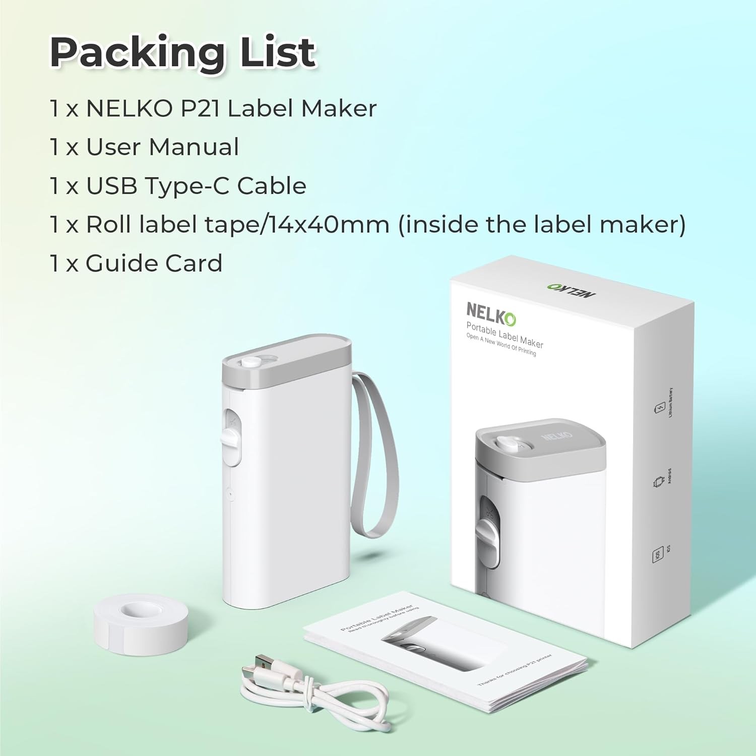 Nelko Label Maker Machine with Tape, P21 Bluetooth Wireless Mini Printer - White