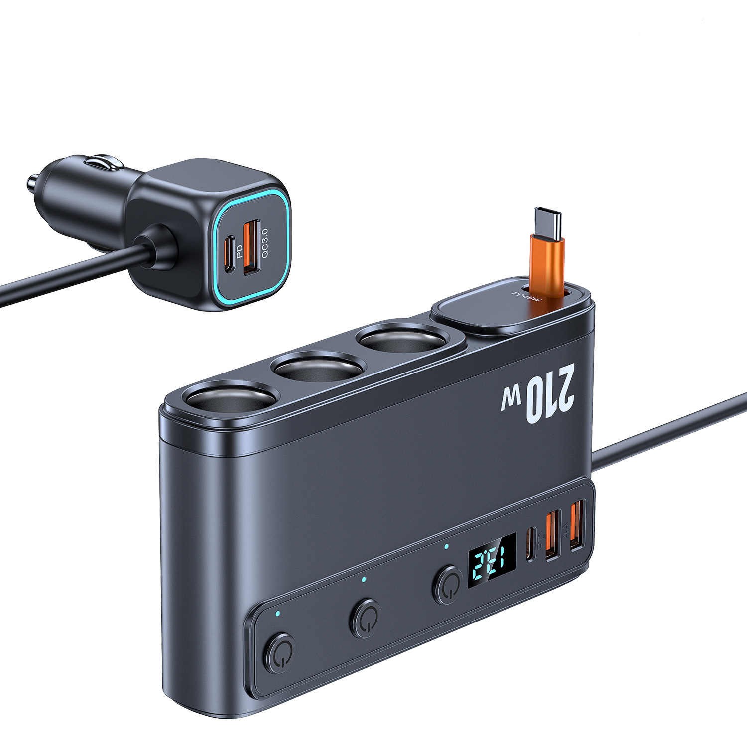 For Truck 9-in-1 Cigarette Lighter Charger 3 Sockets 6 USB Ports 228W Display