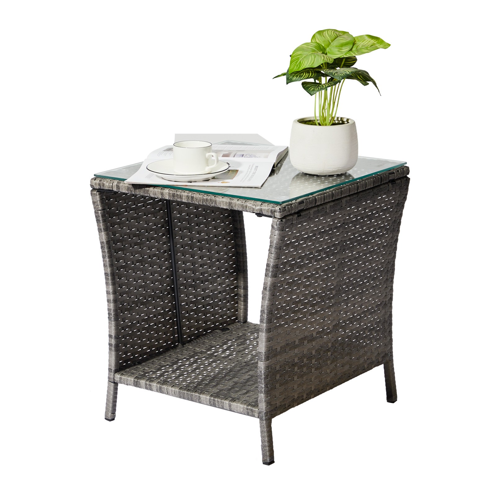 Grey Wicker Rattan Side Tea Table w/ Glass Patio Outdoor Garden Furniture