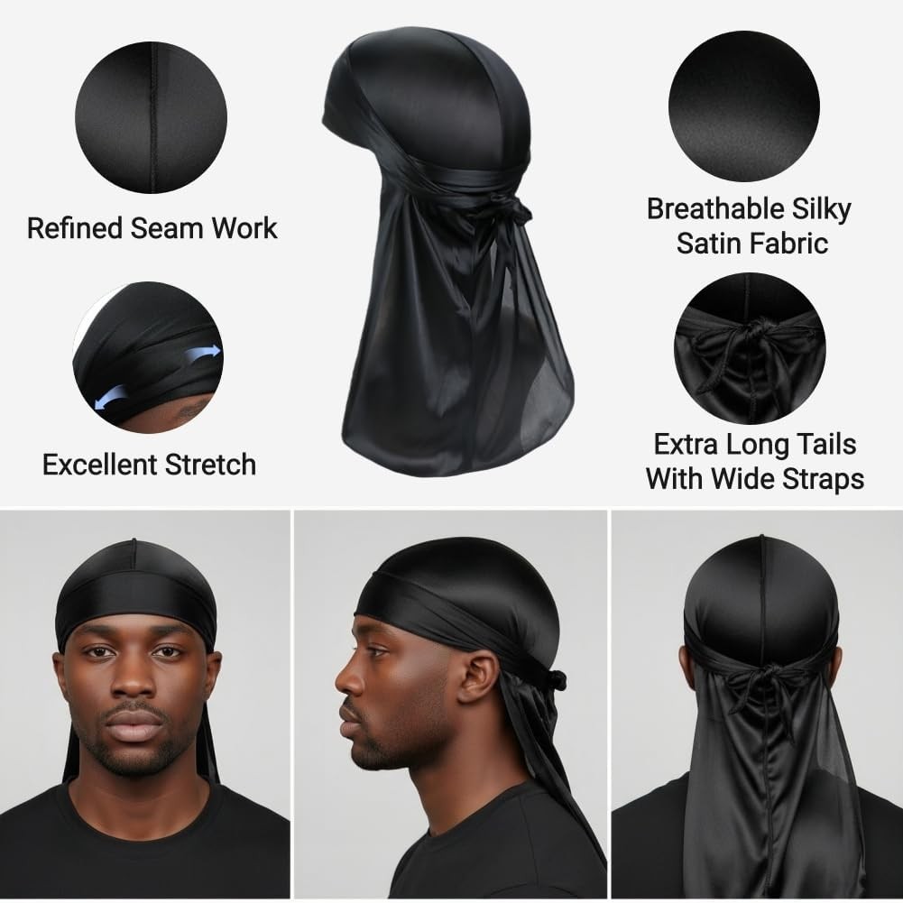 Silky Satin Durag for Men Women Silk Durags Satin Du Rags Long Tail Do Rag Cap D