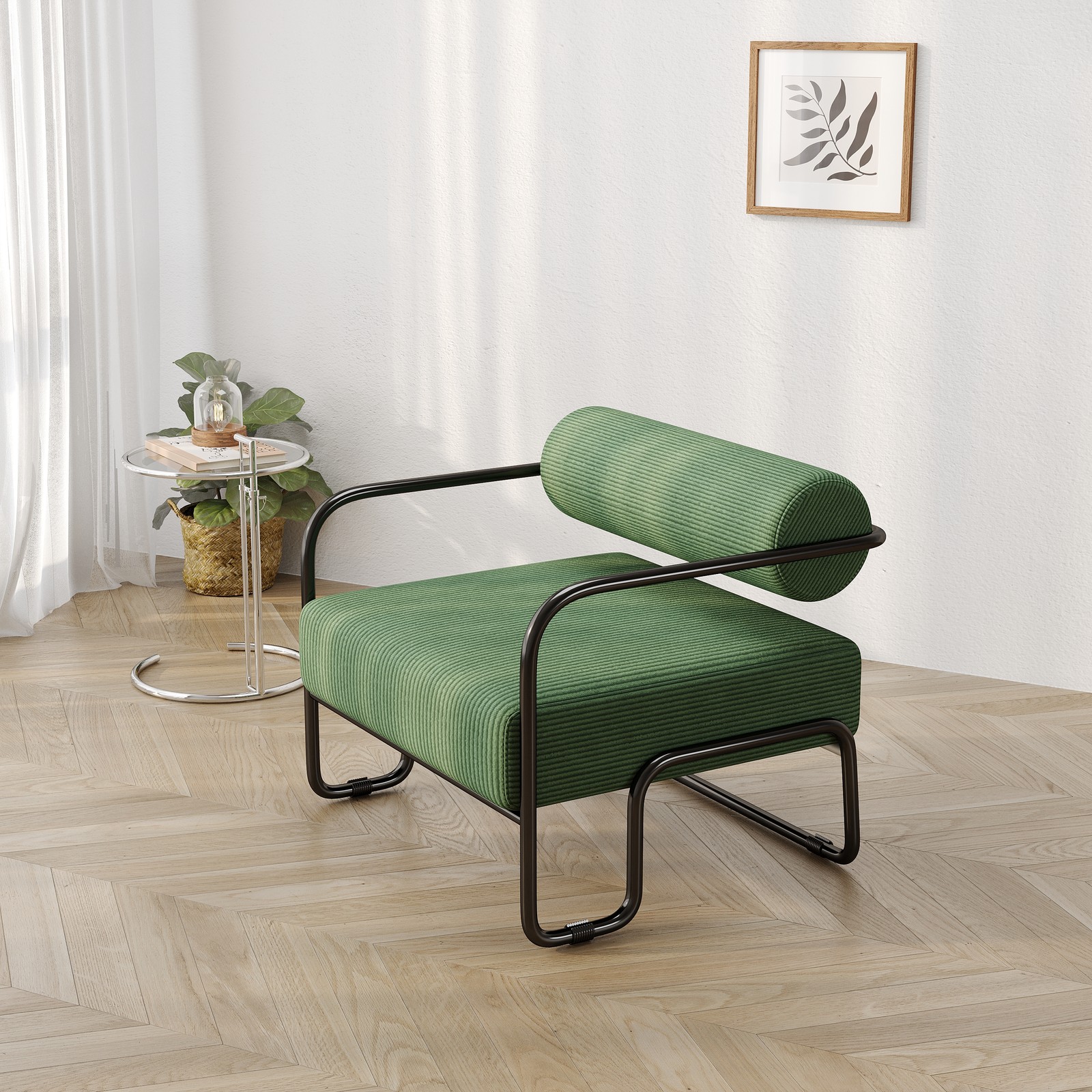 Corduroy Accent Chair 27"L Iron Frame for Living Room Green