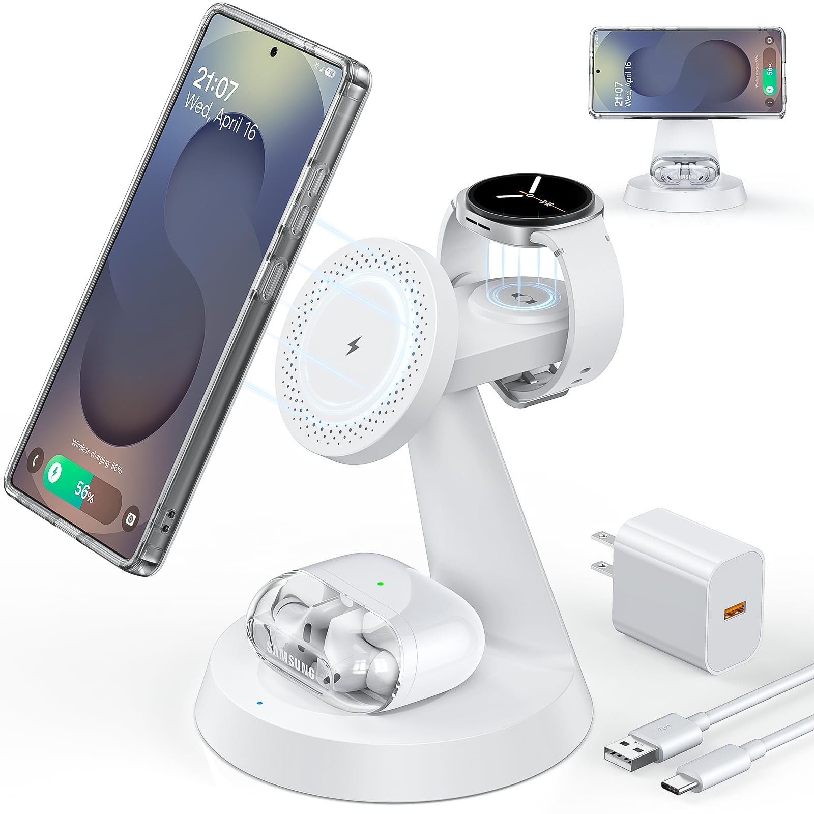 Magnetic Wireless Charger for Samsung, 3 in 1 Charging Station WHITE