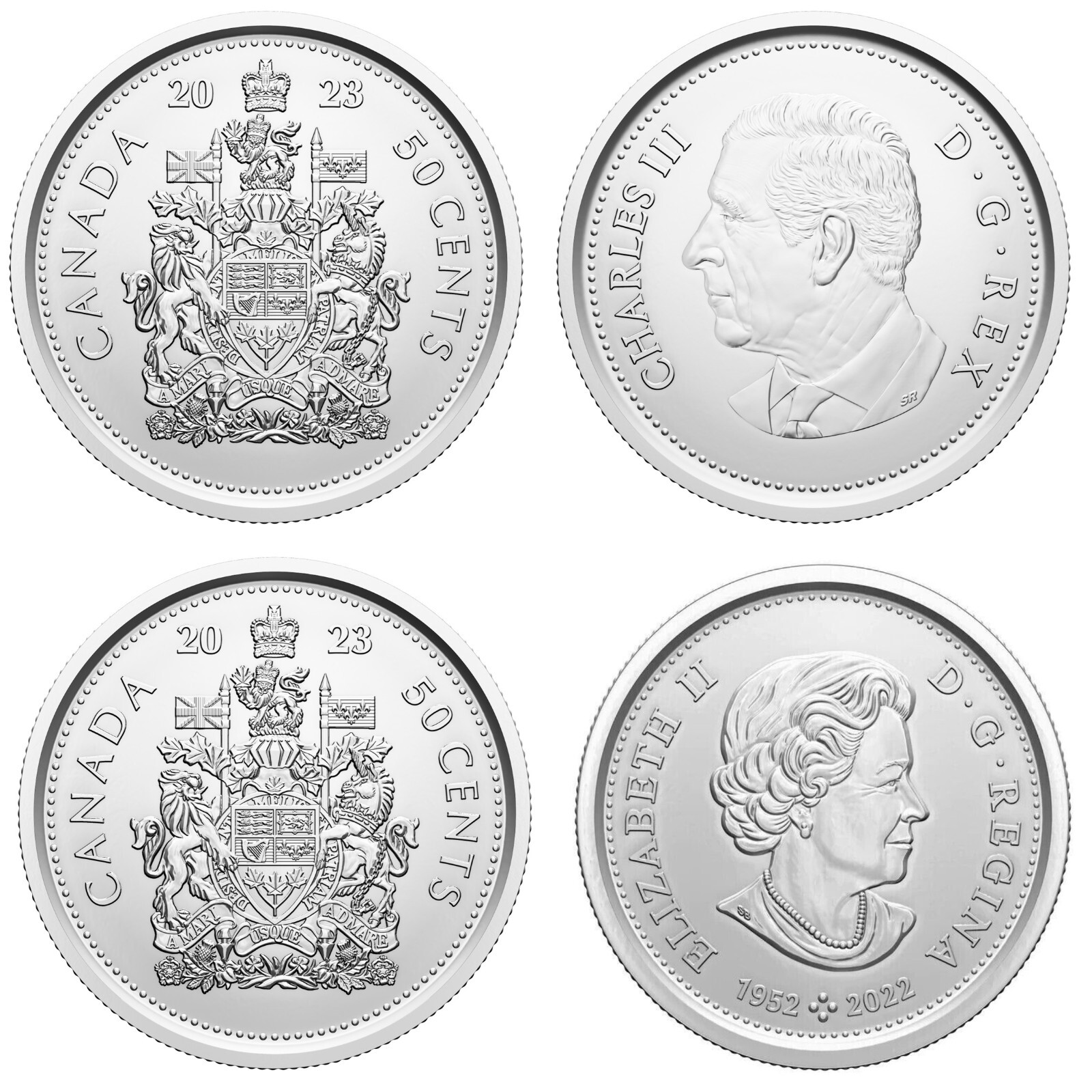 Canada 2023 King Charles III & QEII First Strike BU UNC Fifty Cent Piece Set!!