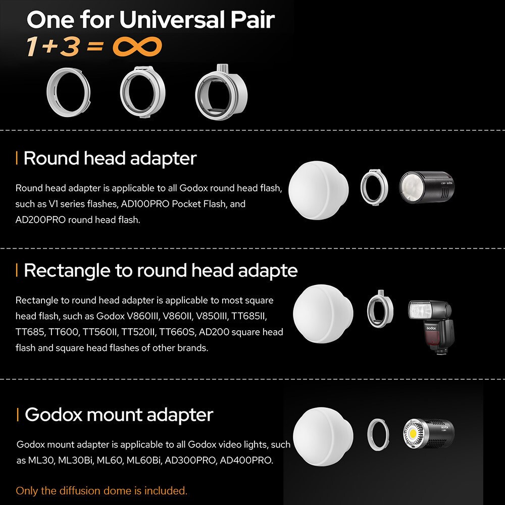 Godox ML-CD15 ML-CS1625 Diffuser Dome Softbox 3 Adapter for Camera Flash light