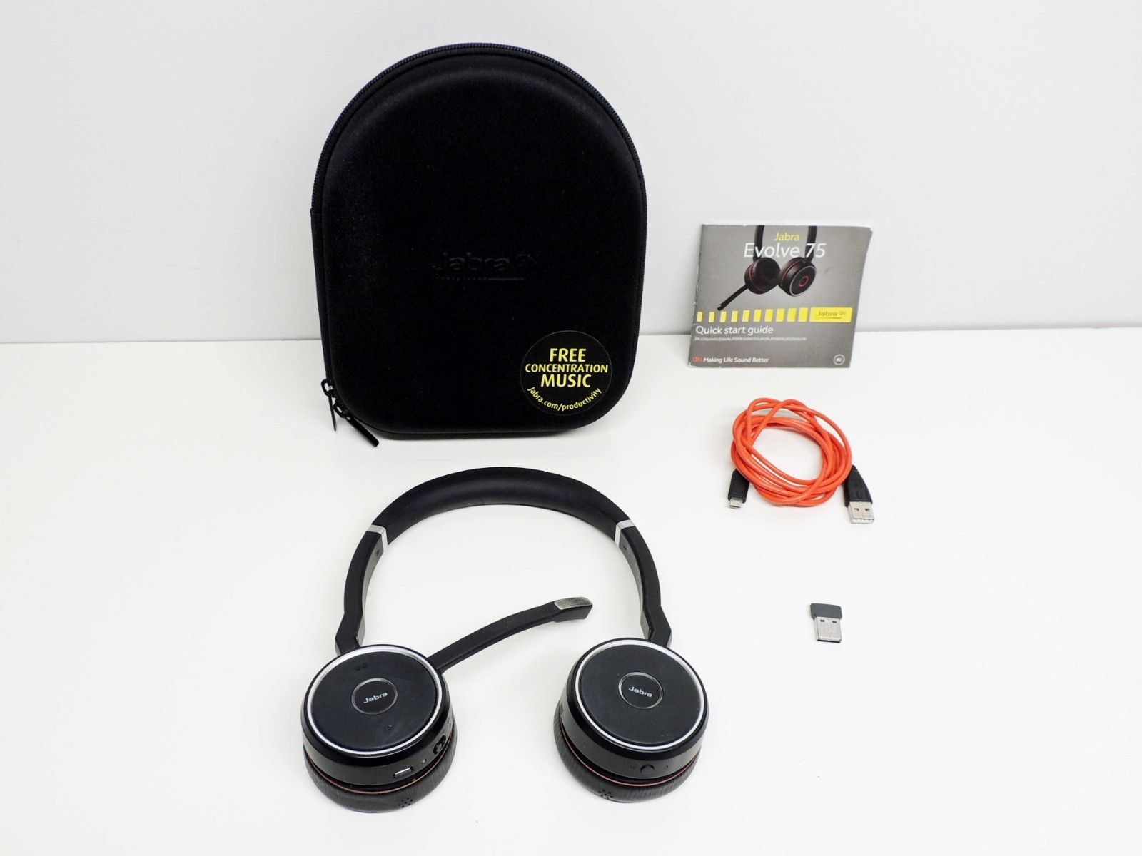 Jabra Evolve 75 headset w/Case, END040W Dongle, Charging Cable, & Q/S Guide