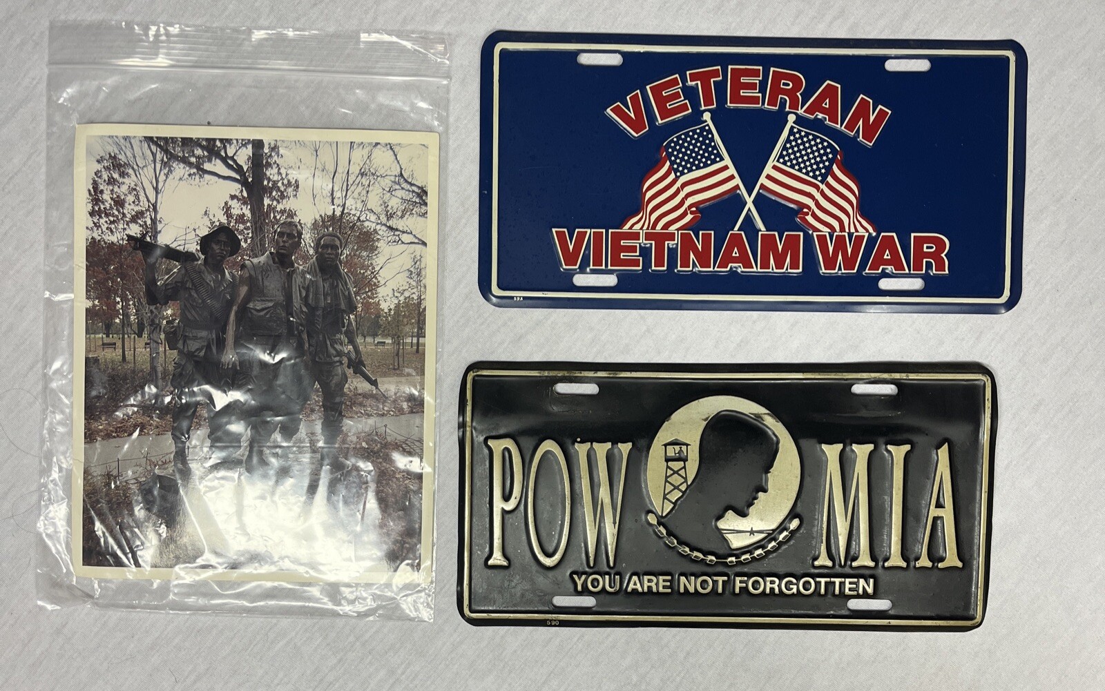 Veteran Plates Vietnam War & POW MIA You Are Not Forgotten + Old Memorial Pic