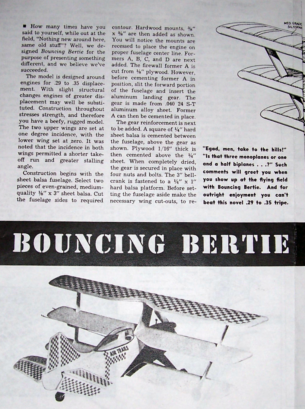 BOUNCING BERTIE PLAN + CONSTRUCTION ARTICLE to Build Famous 32" Model Airplane