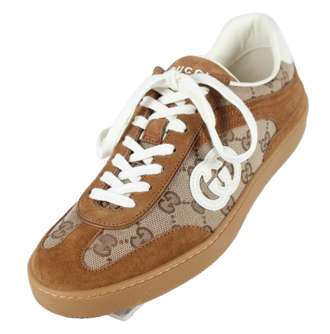 GUCCI Brown Suede & GG Logo Canvas G75 Low-Top Sneakers 38.5 NEW