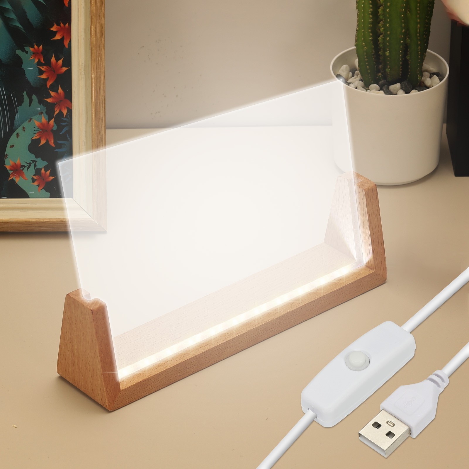 7" Wooden LED Light Base Beech Light Display Stand Table White Light