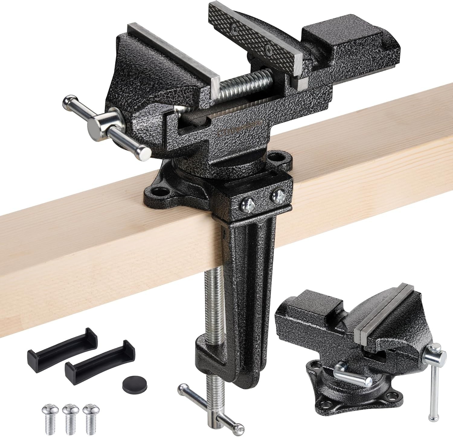 2-in-1 Swivel Bench Vise 3.3 Inch Jaw | 360° Rotating Base | Quick-Clamp Design