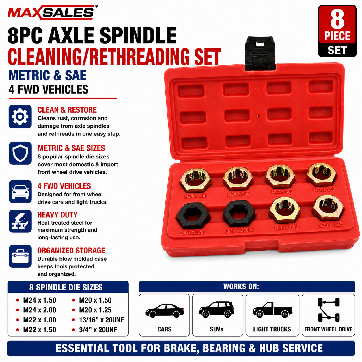 8pc AXLE SPINDLE METRIC & SAE CLEANING/RETHREADING SET KIT 4 FWD VEHICLES