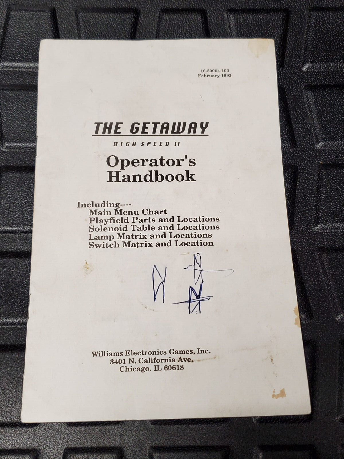 Williams THE GETAWAY Pinball Machine Operator's Handbook - good used copy