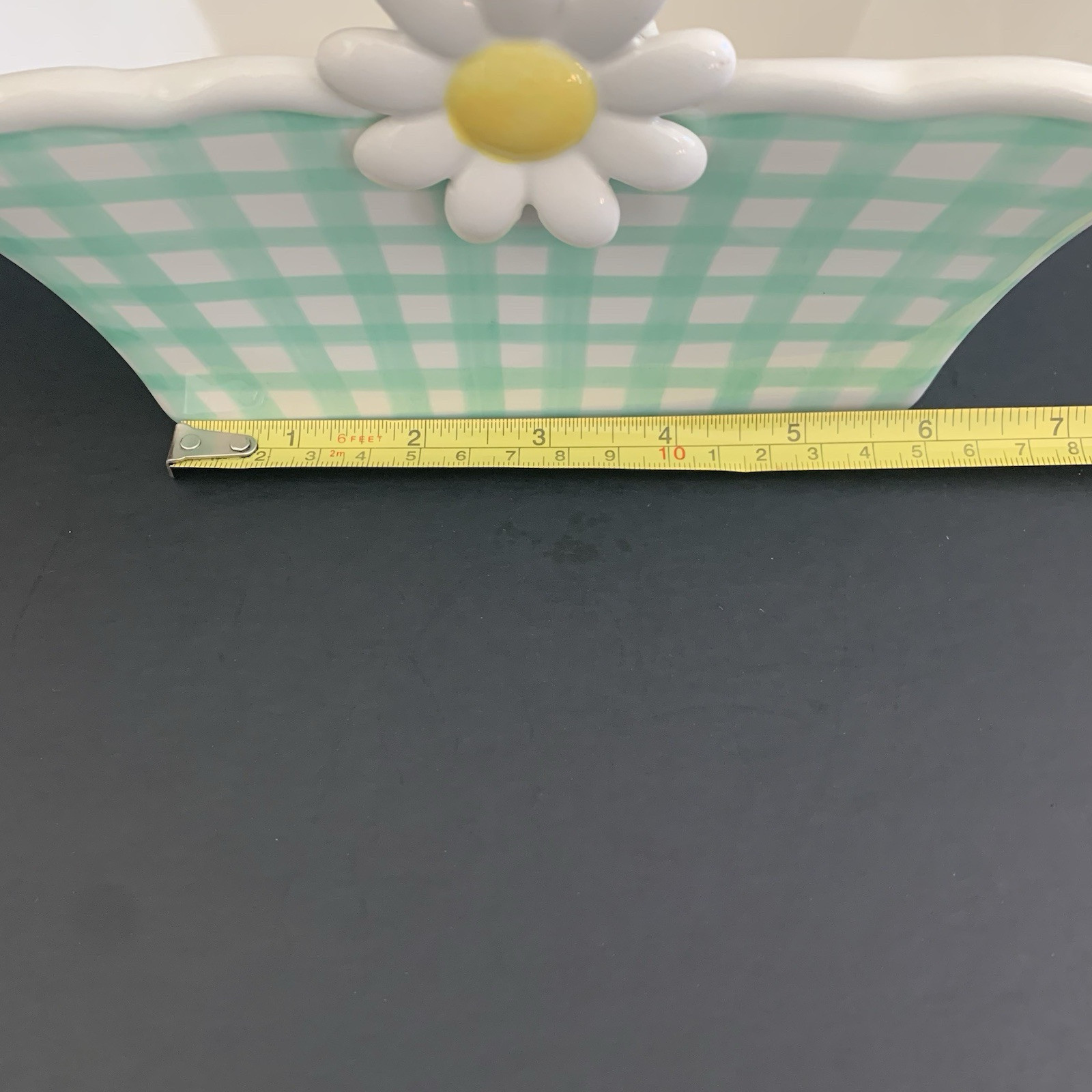 Gingham Green and White Daisy Flower Basket Ceramic