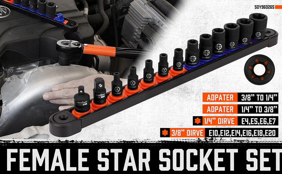 13PC Female E Torx Star Socket Set External E4-E20 Torque 3/8" 1/4" Swivel Rail