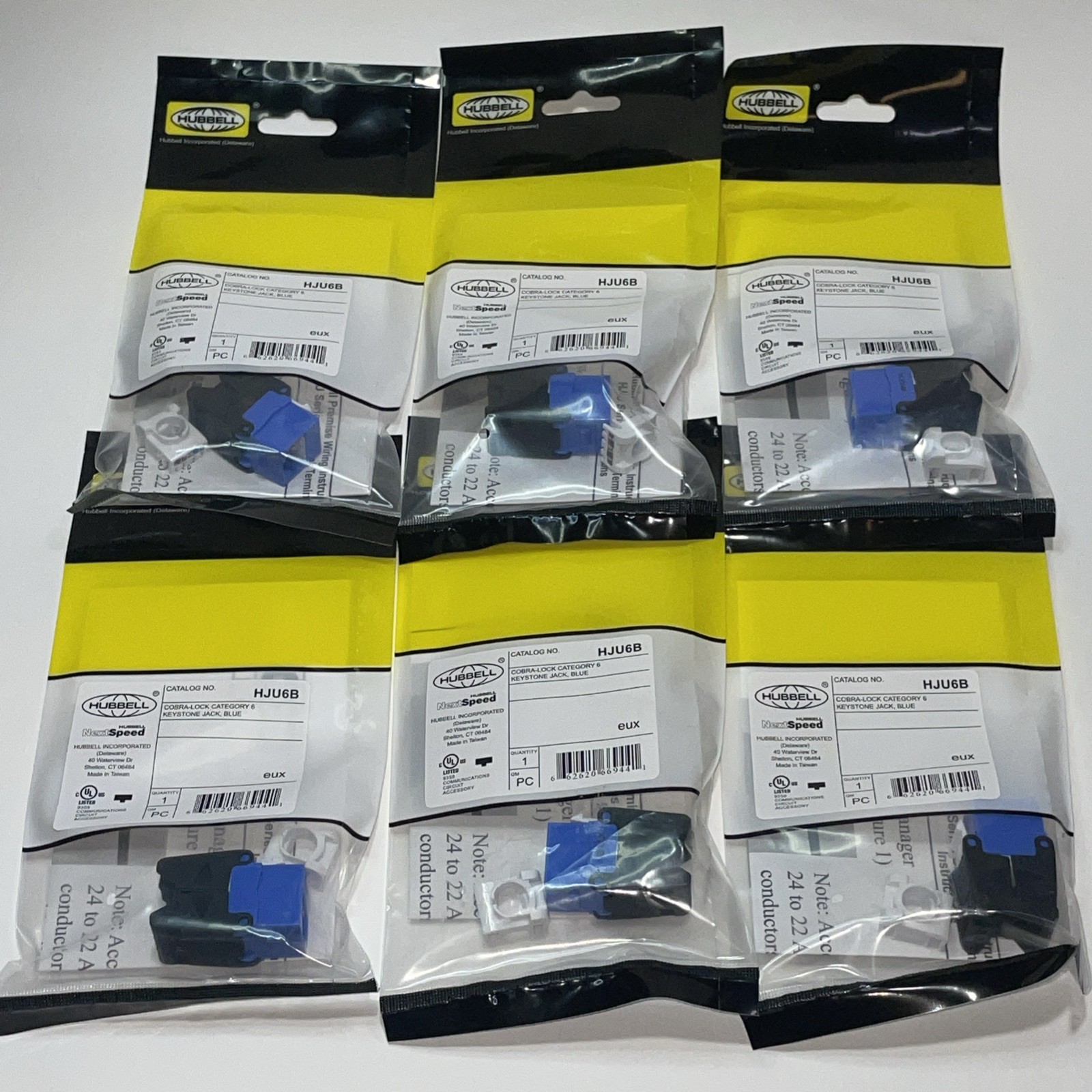 Hubbell HJU6B Cat 6 Keystone Jack with Cobra-Lock Blue Lot Of 6 New