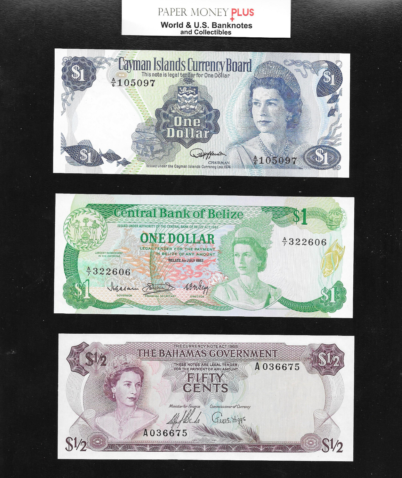 British Queen Lot of 3 notes - Bahamas - Cayman - Belize  ALL in UNC