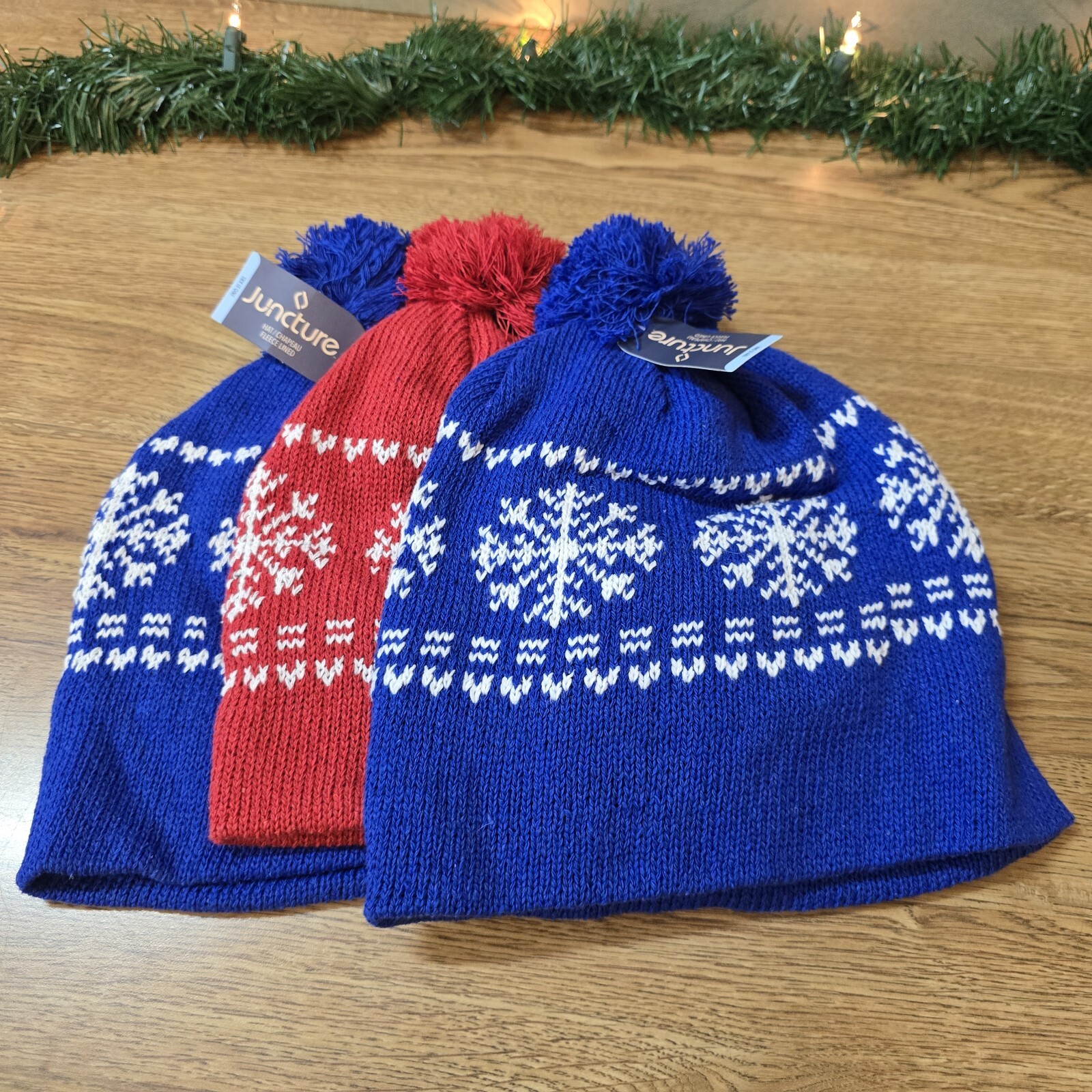 3 Set Winter Ski Hat Pom Beanie Snowflake Blue & Red Lined Snow Cap BRAND NEW.