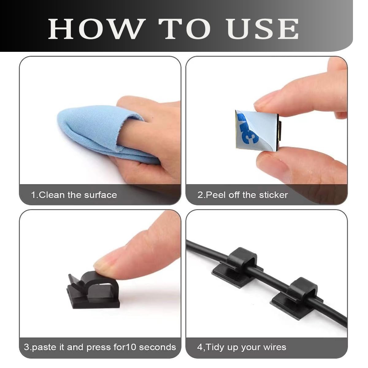 Multi-Purpose Adhesive Cable Holders - Black, 100PCS